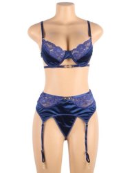 Exquisite Metal Buckle Bra And Garter Set Blue