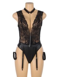 Deep V-neck Faux Leather Bodysuit