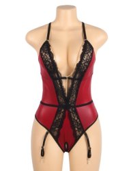 Burgundy Faux Leather Deep V Neck Halter Sexy Teddy
