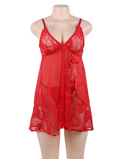 Floral Soft Lace Apron Chemise With Thong