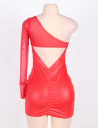 Red Leather Backless Dress One Size