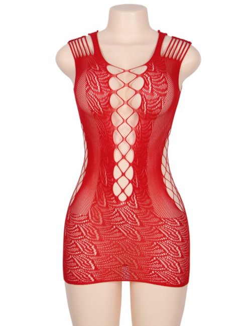 Crochet Red Mesh Hollow-out Mini Chemise Dress