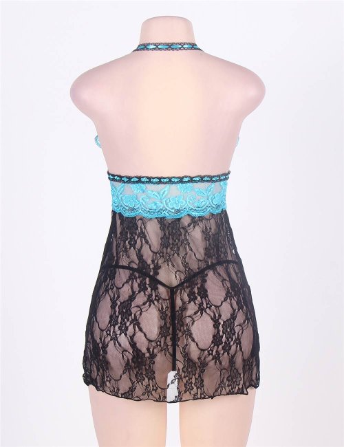 Halter Sheer Blue And Black Lace Babydoll