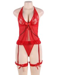 Halter Mesh Babydoll Lingerie Garter Set