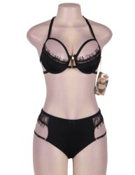 Black Eyelash Lace Strappy Bra Set