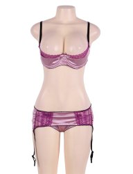 Satin Lace Stitching Open Bust Bra Set