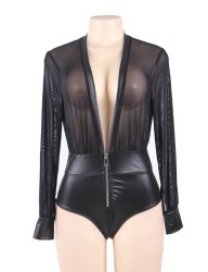 Black V-neck Zipper Leather Teddy